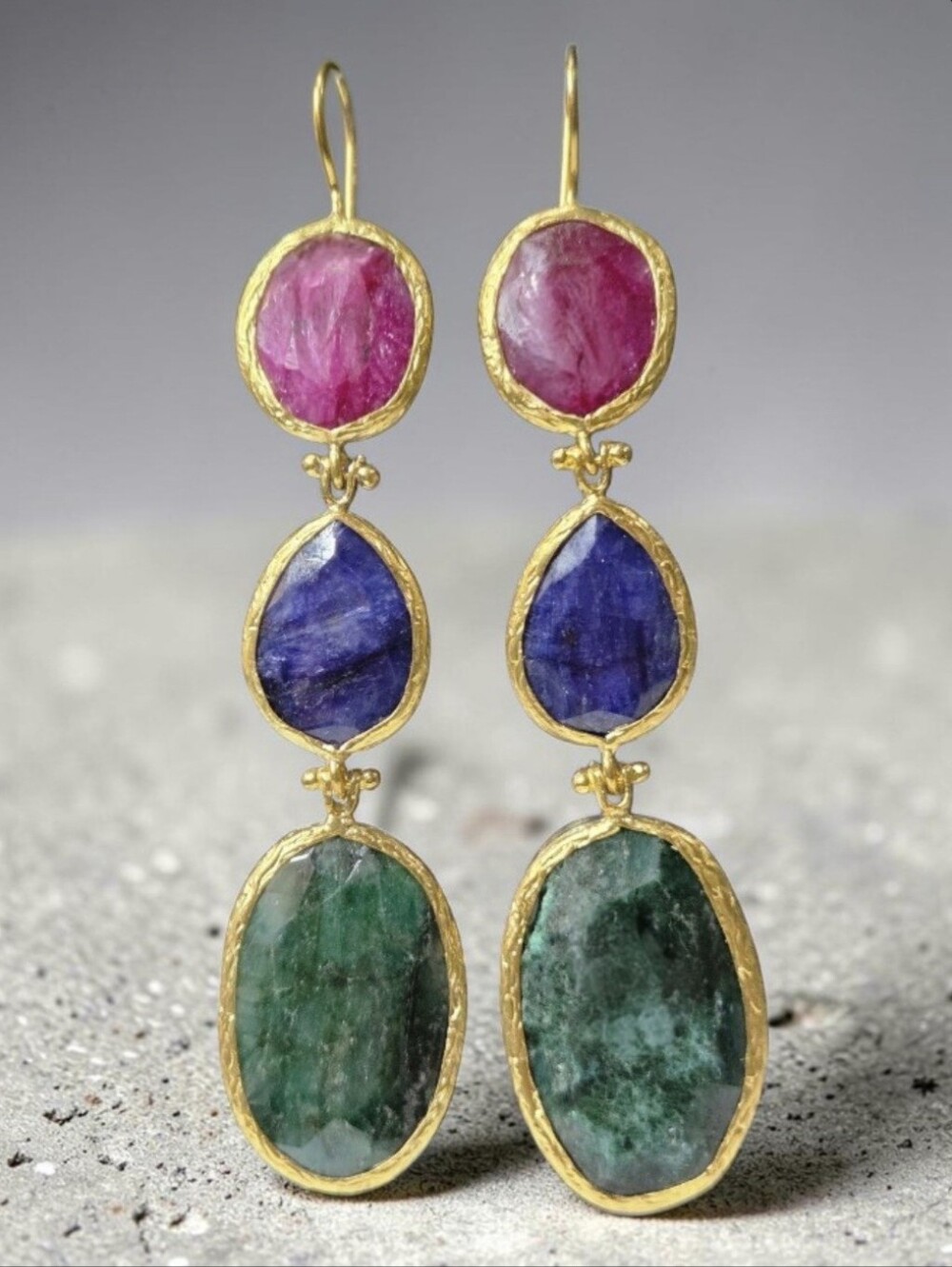 Ottoman Empire 18k Gold Plated Genuine Raw Ruby Sapphire Emerald Dangle Earrings